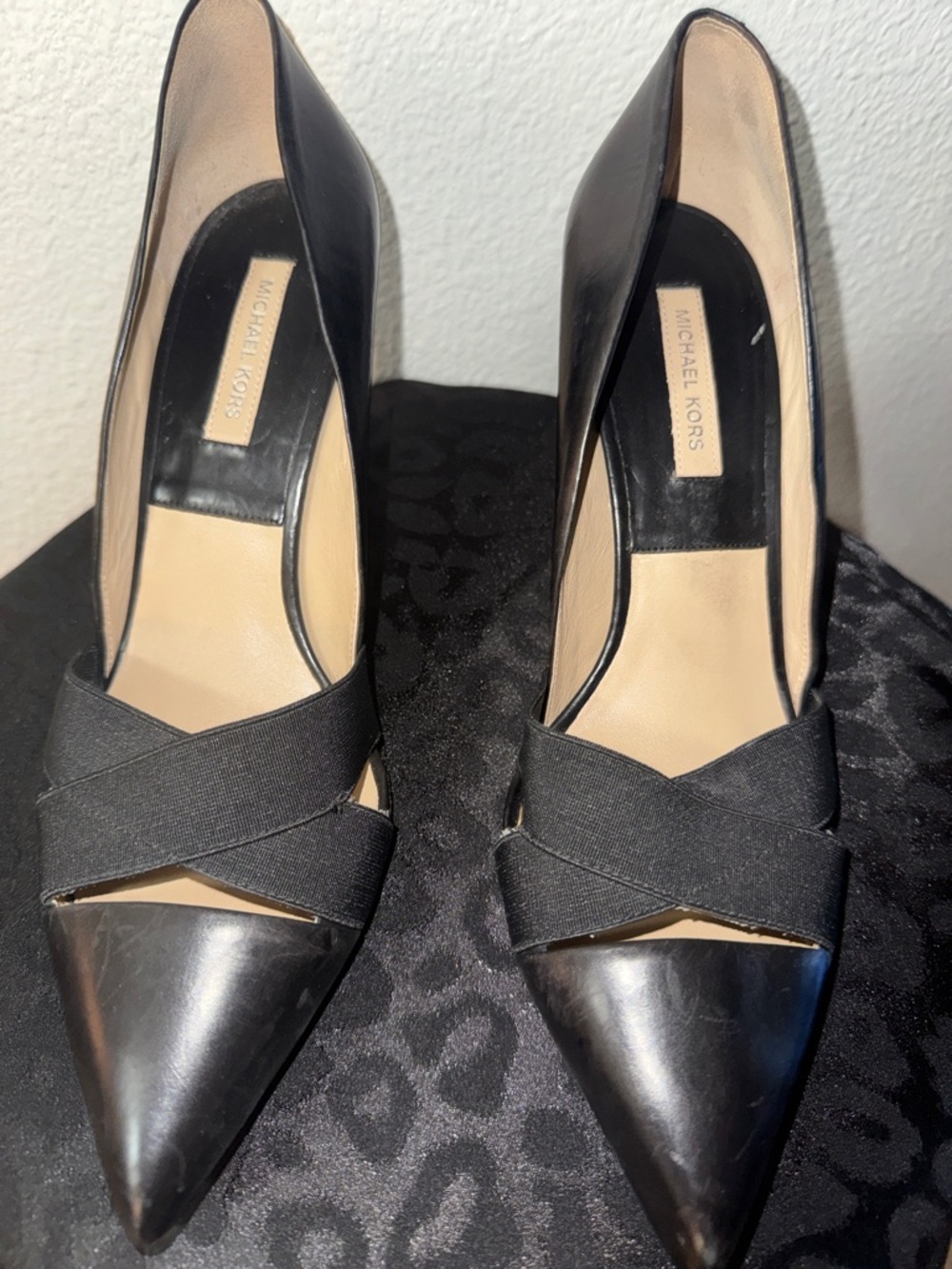 Michael Kors Black Pointed-Toe Crisscross Strap Pumps